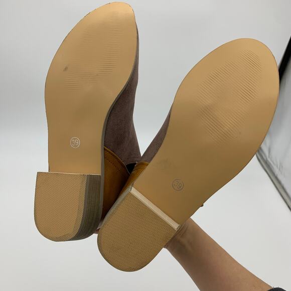 Ankle Boots Womens Size 8.5 Khaki & Brown Matte-Contrast Side Slit Block Heel - Picture 4 of 9